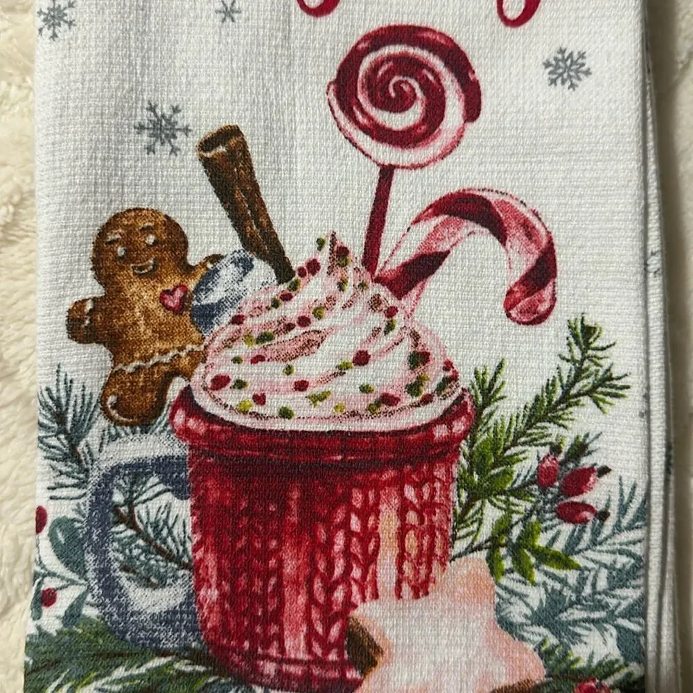 RACHEL ZOE Set of 3 Cotton White Red Green Christmas Gingerbread Kitchen Towels